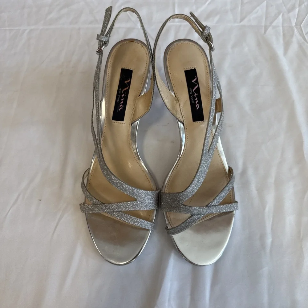 Y2K Silver Nina Heels Size 8.5 Glitter Slingback Sandals, Strappy Glam Look New